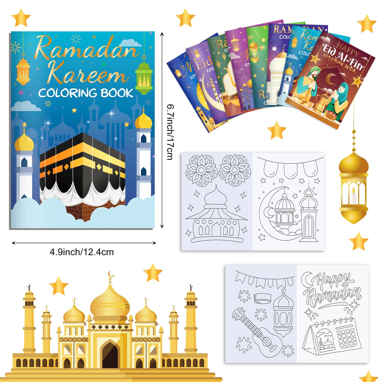 16 قطعة من كتاب تلوين صغير لحفلات رمضان وعيد مبارك لمستلزمات الحفلات الإسلامية